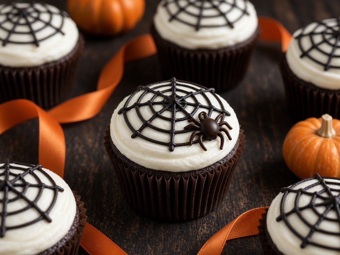 Cupcakes de Chocolate com Teia de Aranha de Cream Cheese