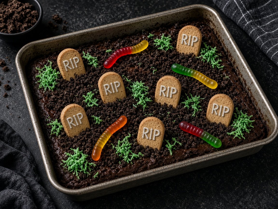 Brownie Cemitério com Lápides de Biscoito e Terra de Chocolate