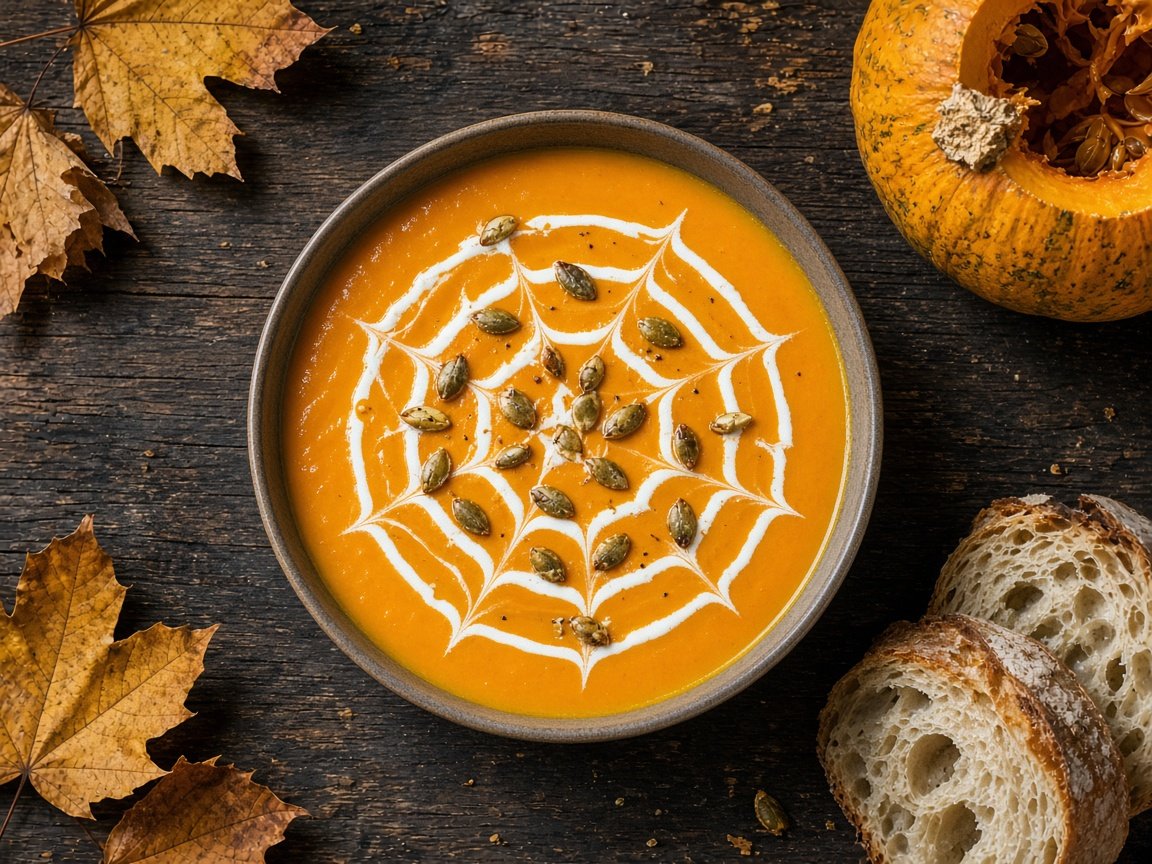 Sopa Assustadora de Abóbora Cabotiá com Teia de Creme