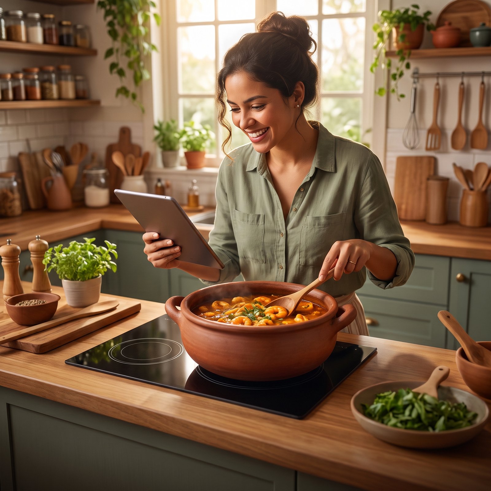 Mulher cozinhando enquanto usa inteligência artificial no tablet